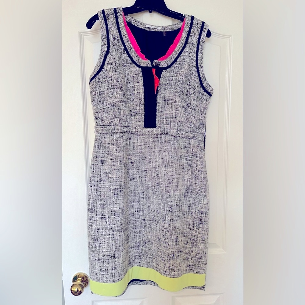 Sleeveless Tweed-Texture Shift Dress with Neon Trim